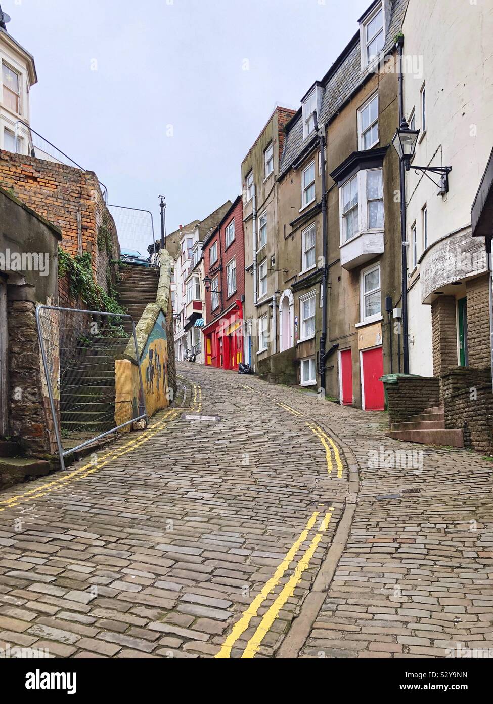 Blands Cliff, a steep, cobbled street in Scarborough, North Yorkshire, UK - Smartphone Captured Stock Image