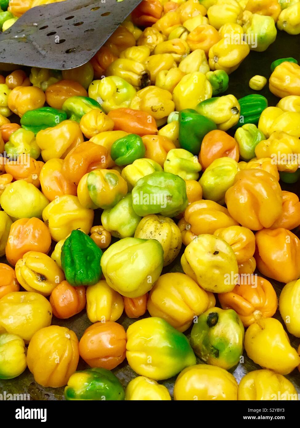 Making of habanero pepper sauce at a taco place in Mexico City Stock
