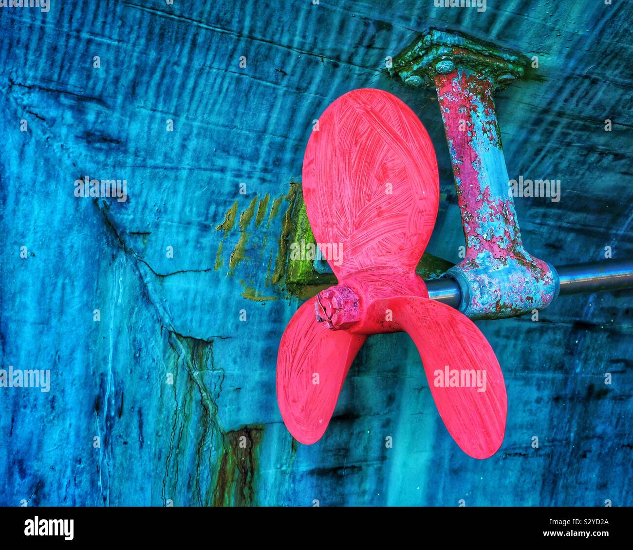 Pink propellor and blue hull, Irvine harbour, Ayrshire, Scotland, UK - Smartphone Captured Stock Image