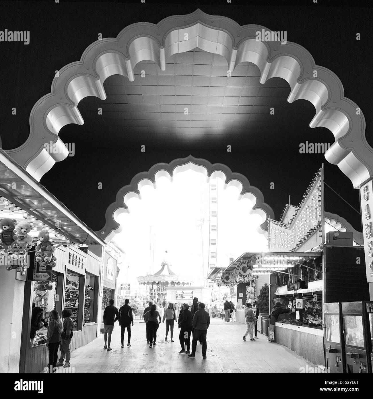 Black and white image of the entrance to Steel Pier Amusement Park, Atlantic City Boardwalk, Atlantic City, New Jersey, United States - Smartphone Captured Stock Image