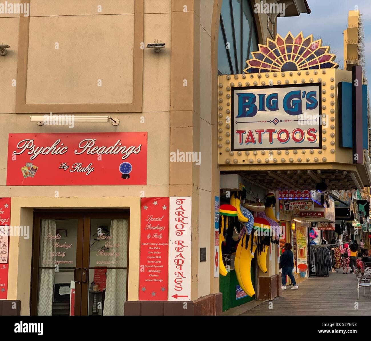 Psychic Readings by Ruby and Big G's Tattoos, Atlantic City Boardwalk,  Atlantic City, New Jersey, United States Stock Photo - Alamy