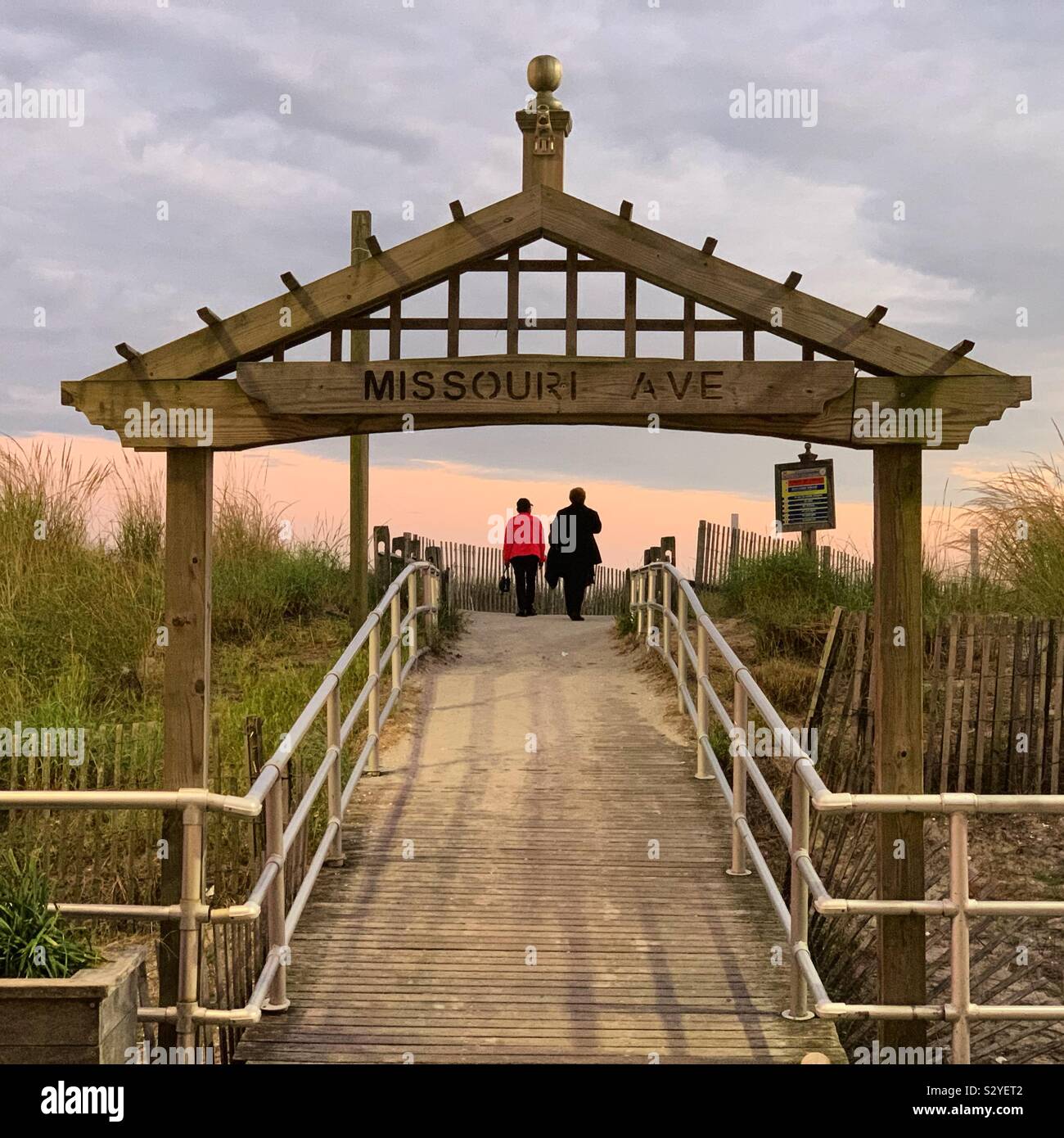 “Missouri Ave” pedestrian bridge from Atlantic City Boardwalk to the beach, Atlantic City, New Jersey, United States. - Smartphone Captured Stock Image