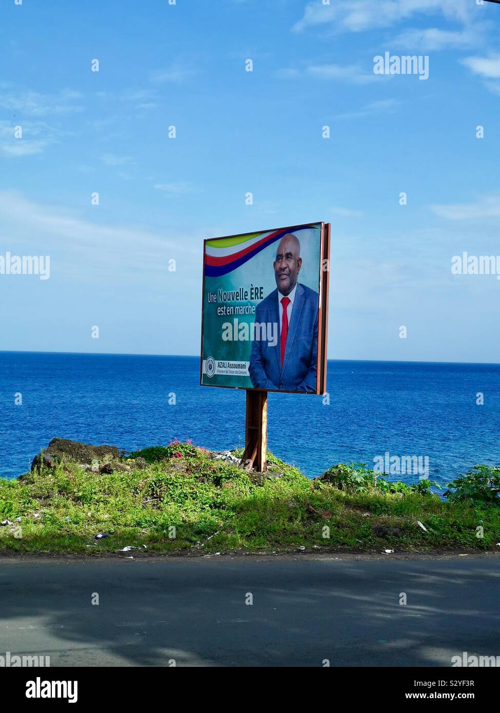 A billboard with the photo of the president of Comoros Azail Assoumani. - Smartphone Captured Stock Image