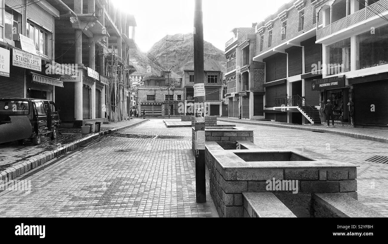 Leh and it’s Centre being completely deserted on a weekday, keeping in mind it being the capitol of Ladhak. Stock Photo