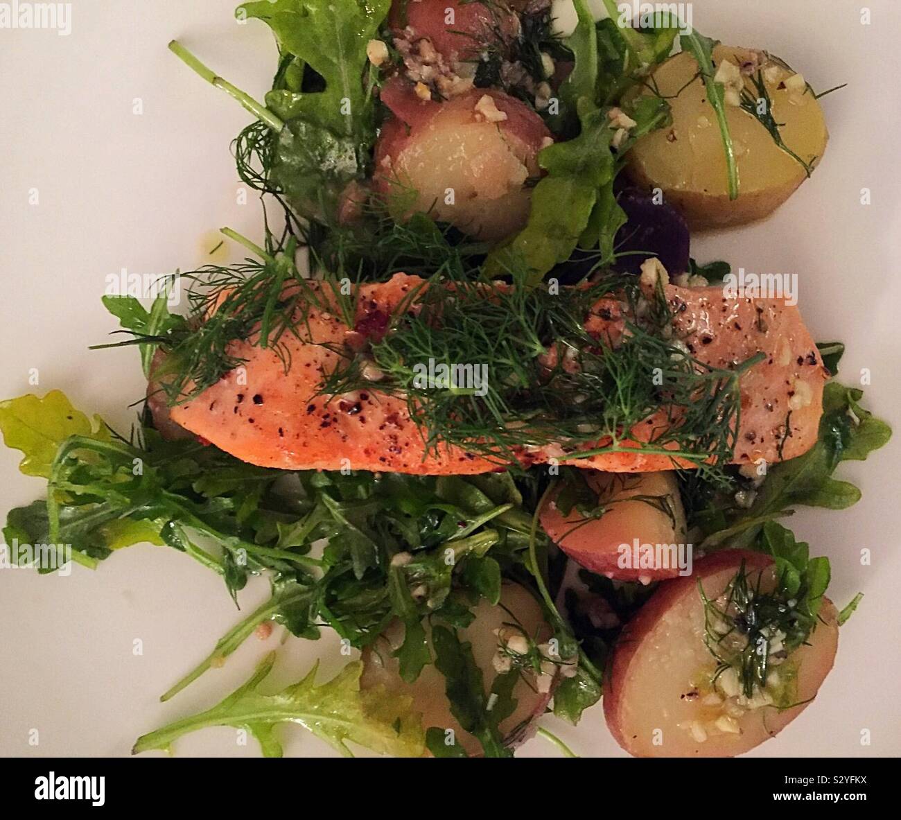 Close Up of Grilled Salmon and New Potato Entree,  USA - Smartphone Captured Stock Image