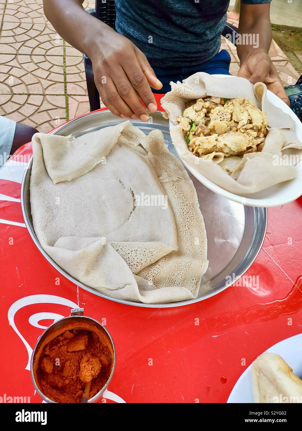 Enkulal be tibs firfir is a traditional Ethiopian breakfast Stock Photo