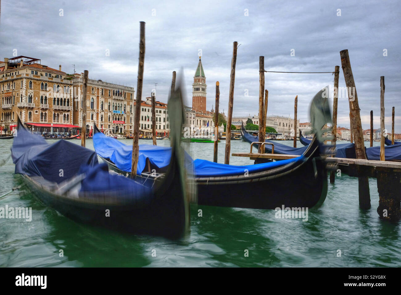 Gondolas on the Grand Canal Venice looking to San Marco square. - Smartphone Captured Stock Image
