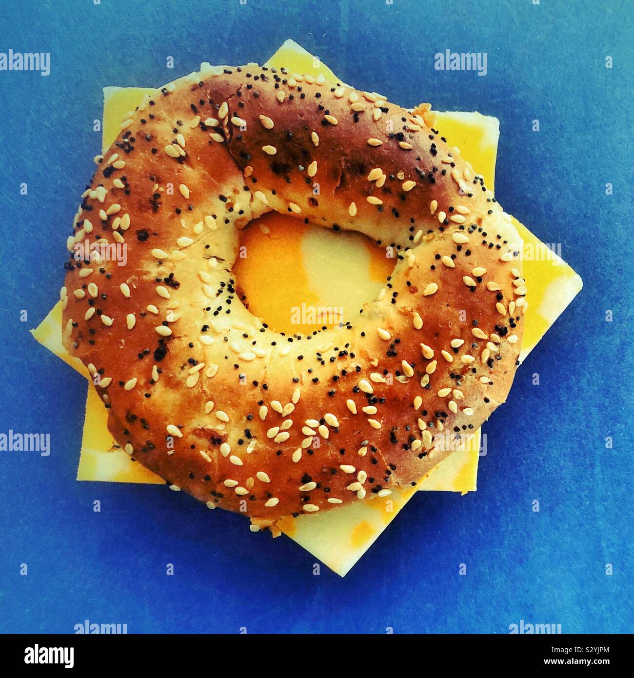 Flat lay view of toasted everything bagel with cheese Stock Photo