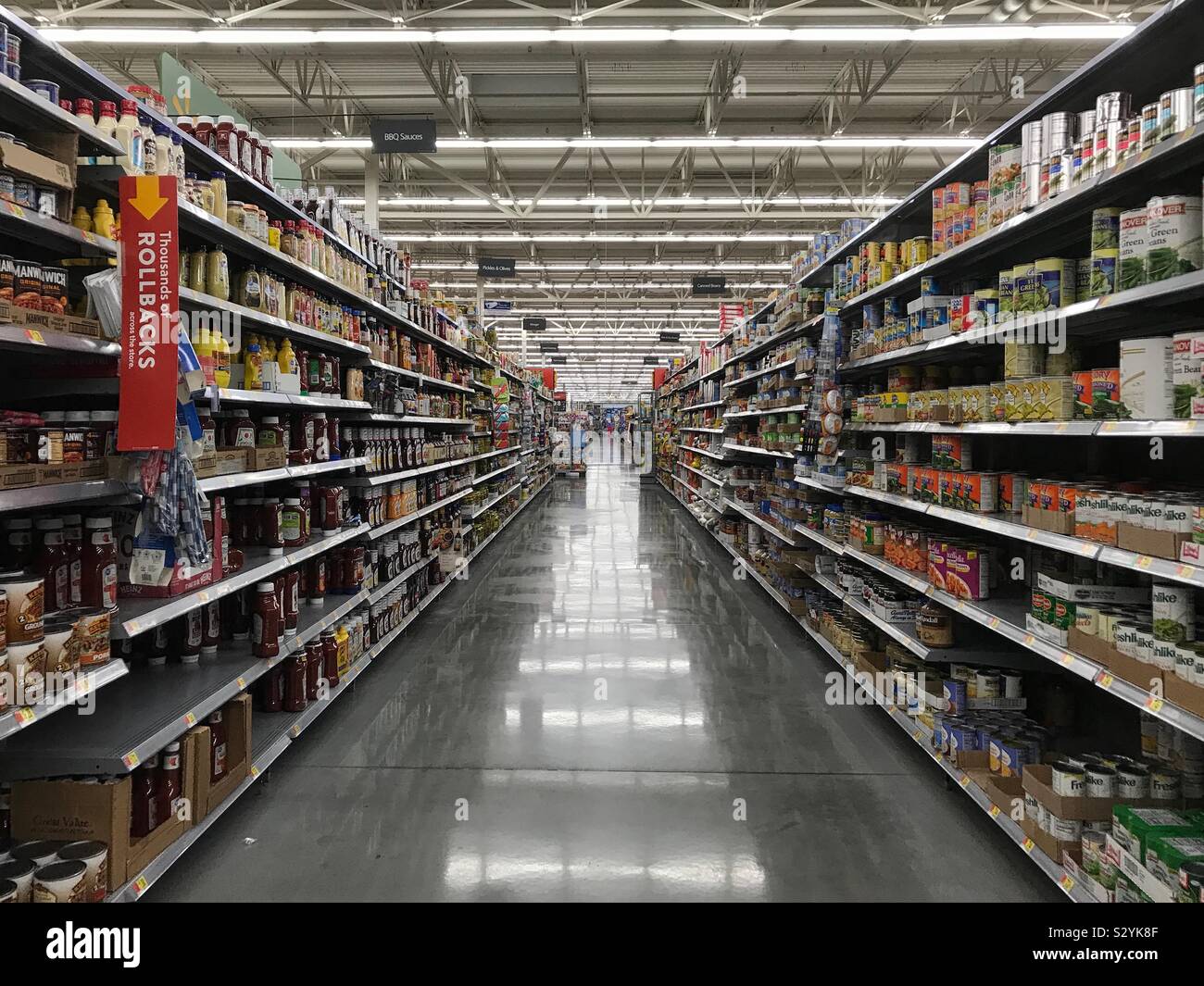 Columbus, Ohio/ USA - Sept. 7, 2019: Packaged food items for sale on shelves are shown inside a Walmart supermarket chain store. Stock Photo