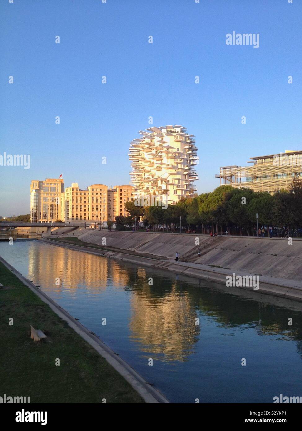 Real estate on the banks of the river Lez, Montpellier France - Smartphone Captured Stock Image
