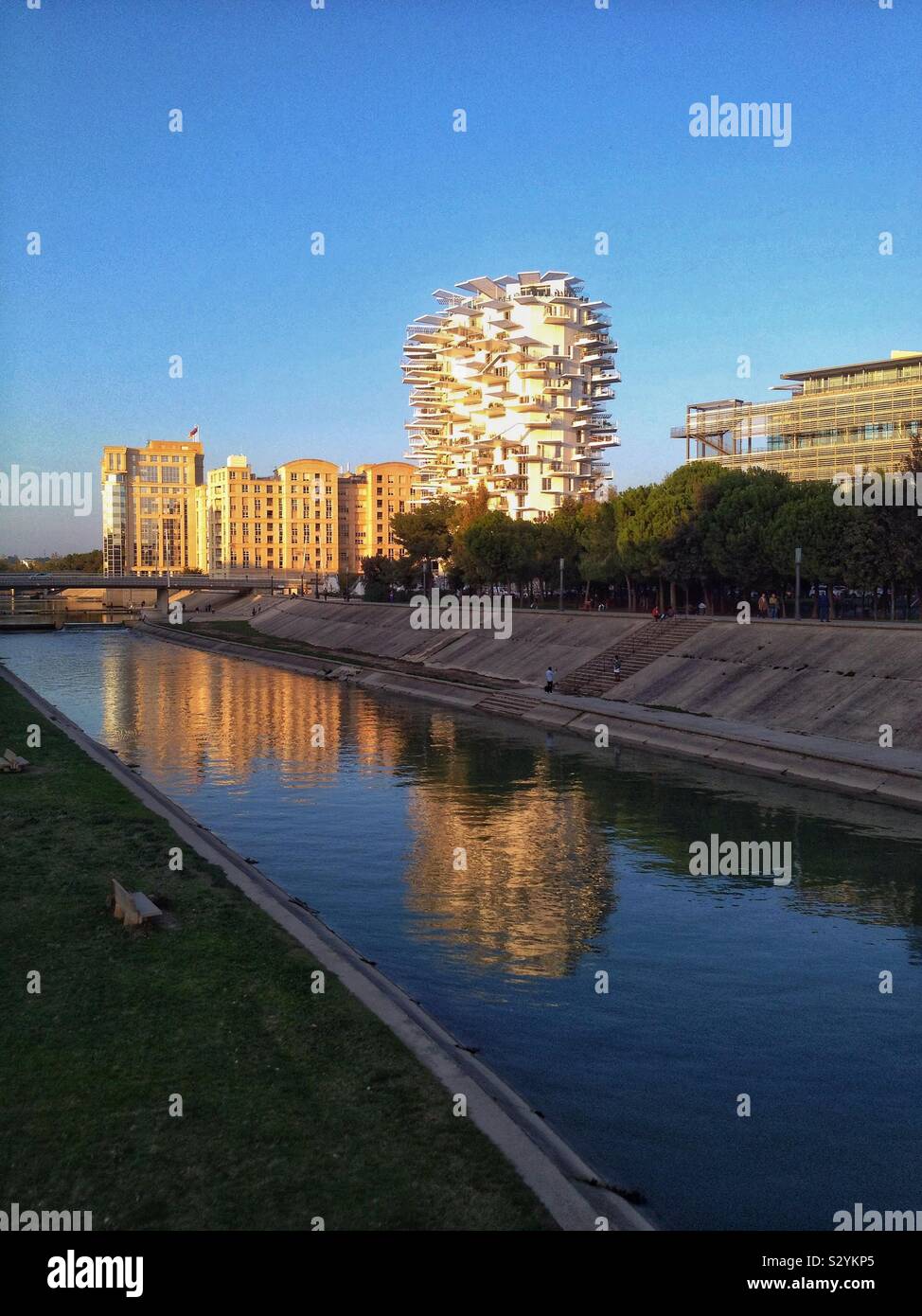 Real estate on the banks of the river Lez, Montpellier France - Smartphone Captured Stock Image
