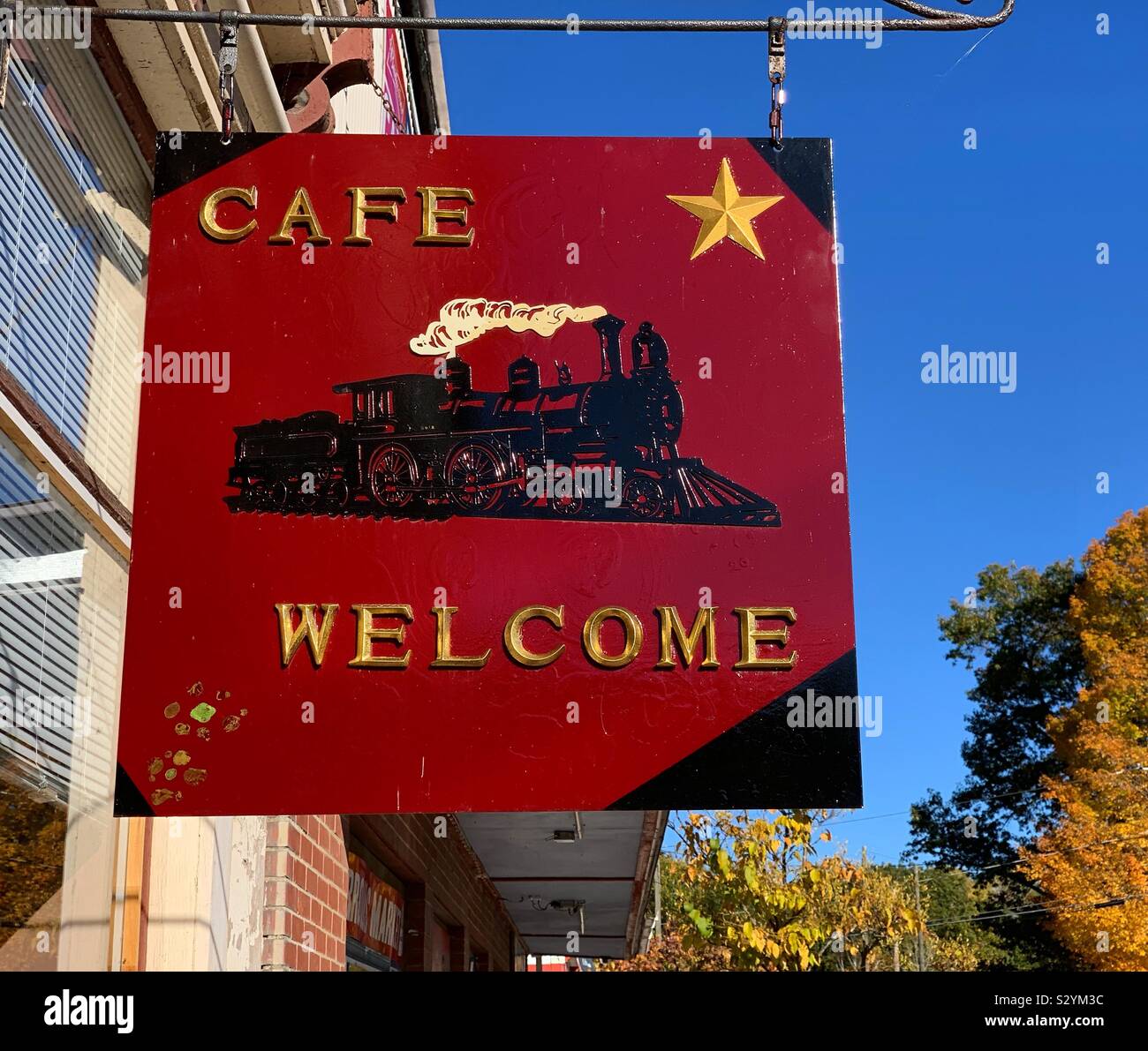 Sign in front of the Whistle Stop Cafe, Millers Falls, Massachusetts, United States - Smartphone Captured Stock Image