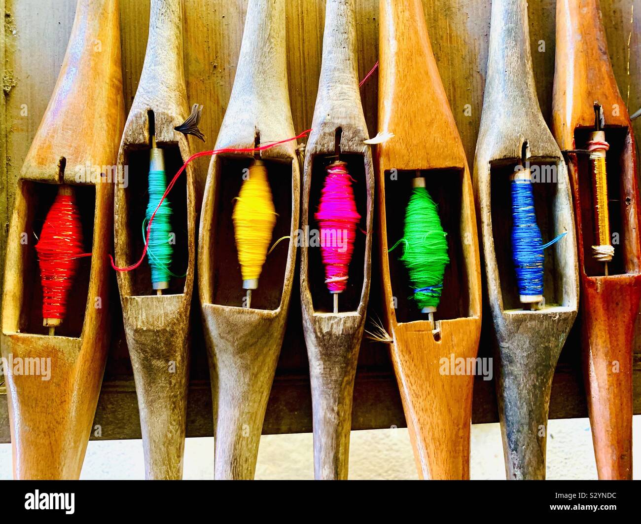 Traditional Shan weaving spindles. Stock Photo