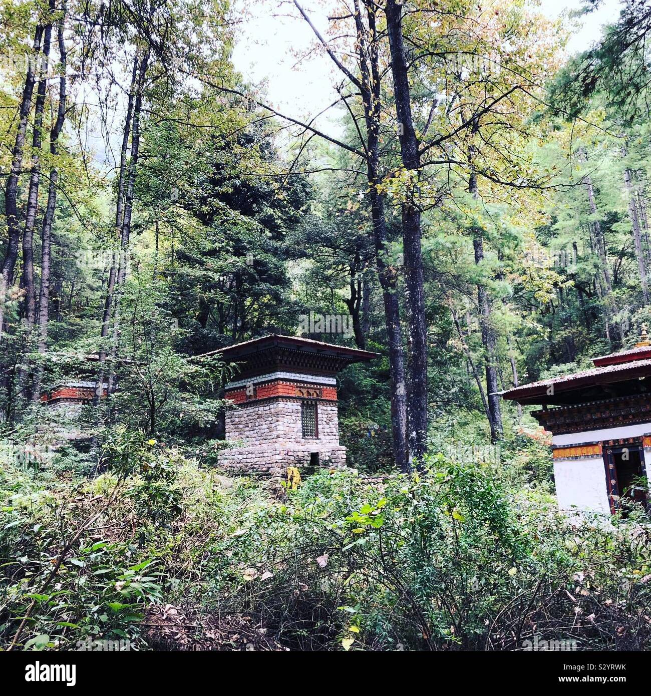 Stupas on a mountain trail in Paro, Bhutan. - Smartphone Captured Stock Image