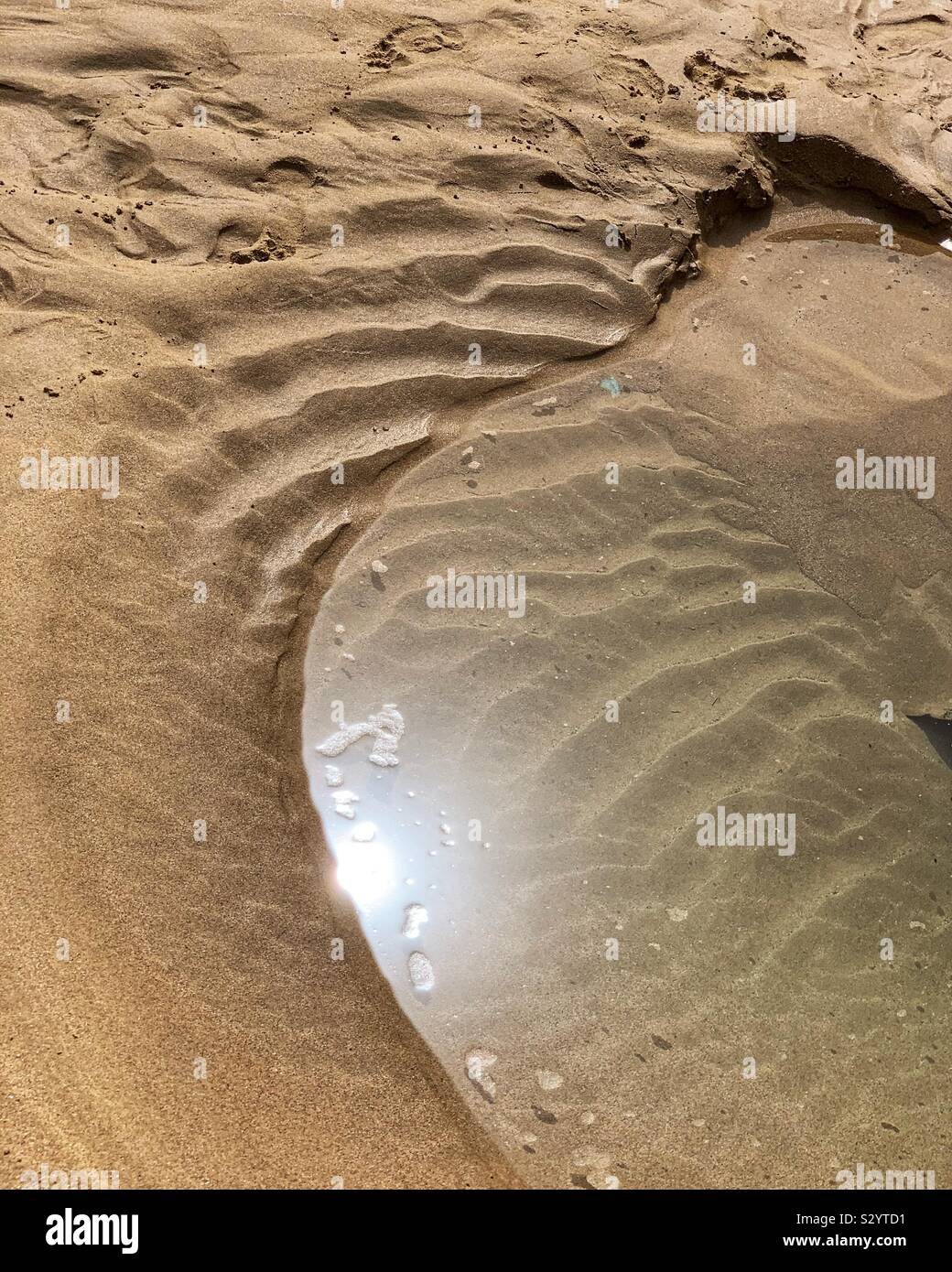 Curvy pool of water in the sand  with sun bouncing off the water - Smartphone Captured Stock Image