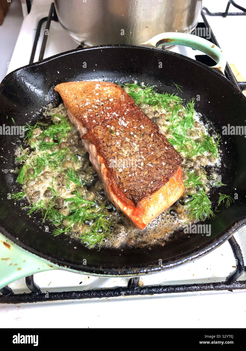 Panfried Salmon with Dill and Caper Butter Stock Photo Alamy
