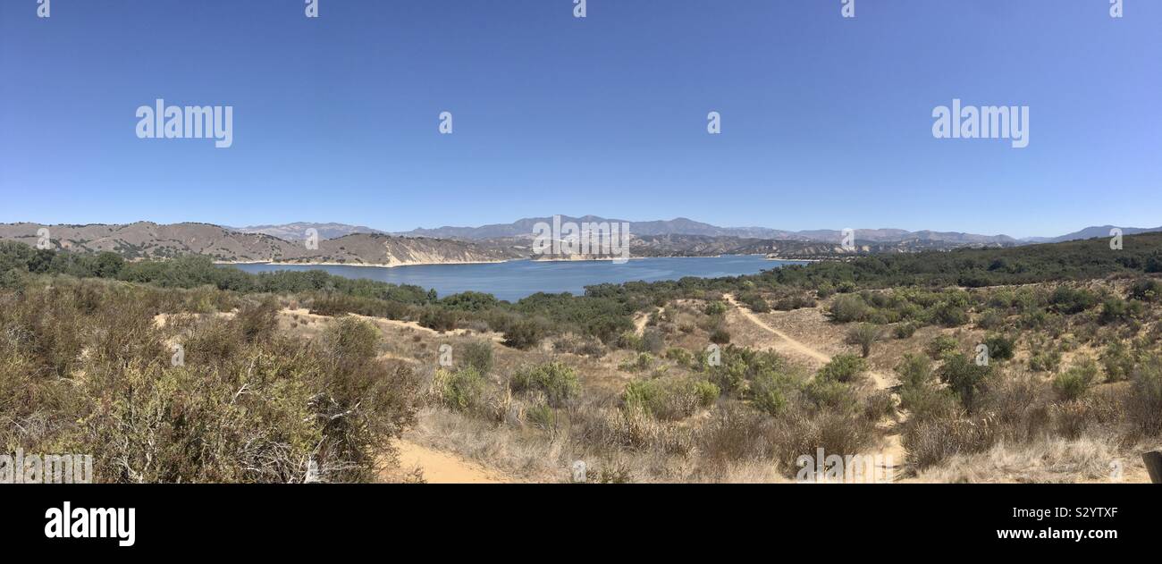 Panoramic view across manmade lake at Cachuma Lake Recreation Area