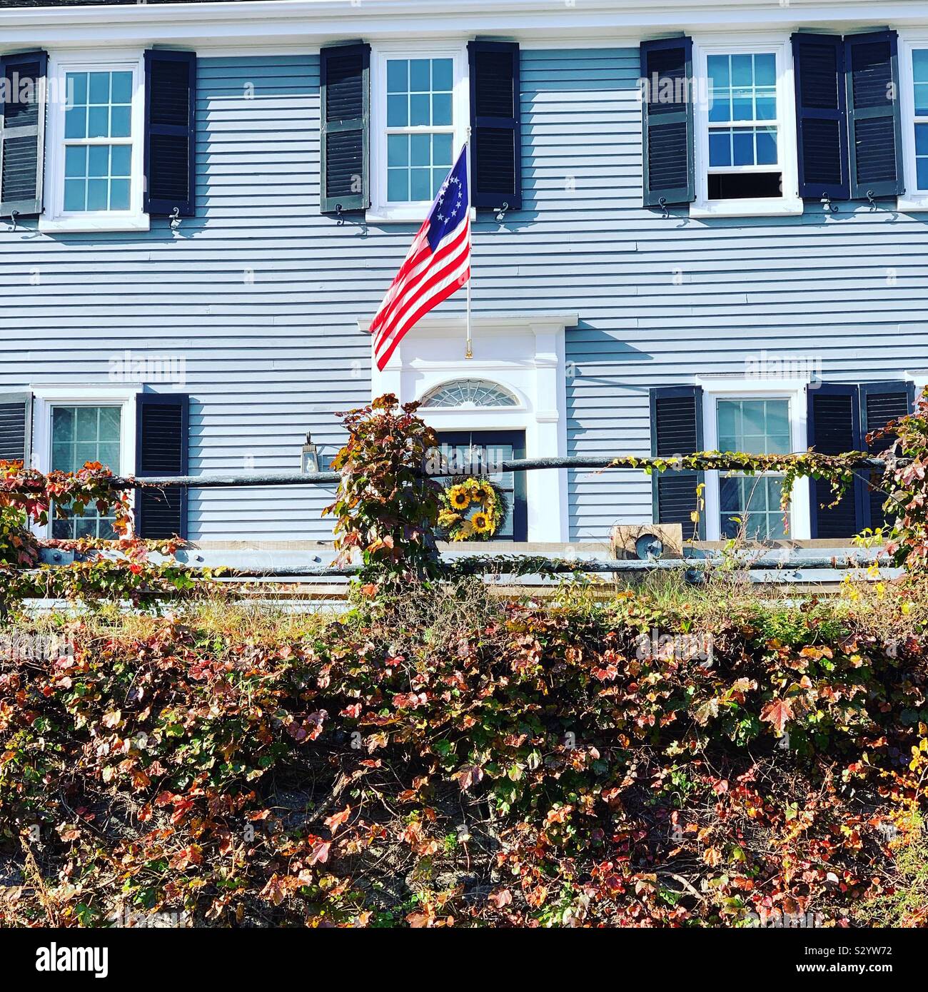 Autumn view of a home on Leyden Street, Historic District, Plymouth, Massachusetts, United States Stock Photo