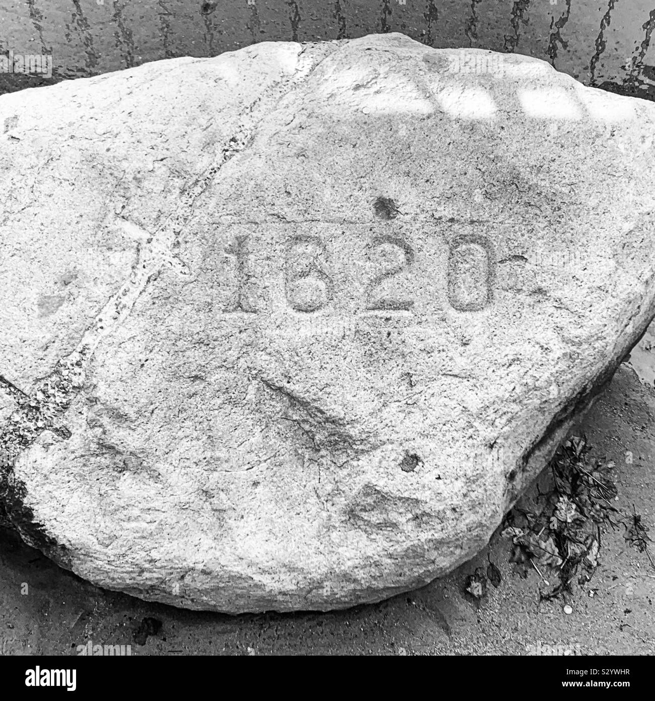 Black and white image of Plymouth Rock, Pilgrim Memorial State Park, Plymouth, Massachusetts, United States Stock Photo