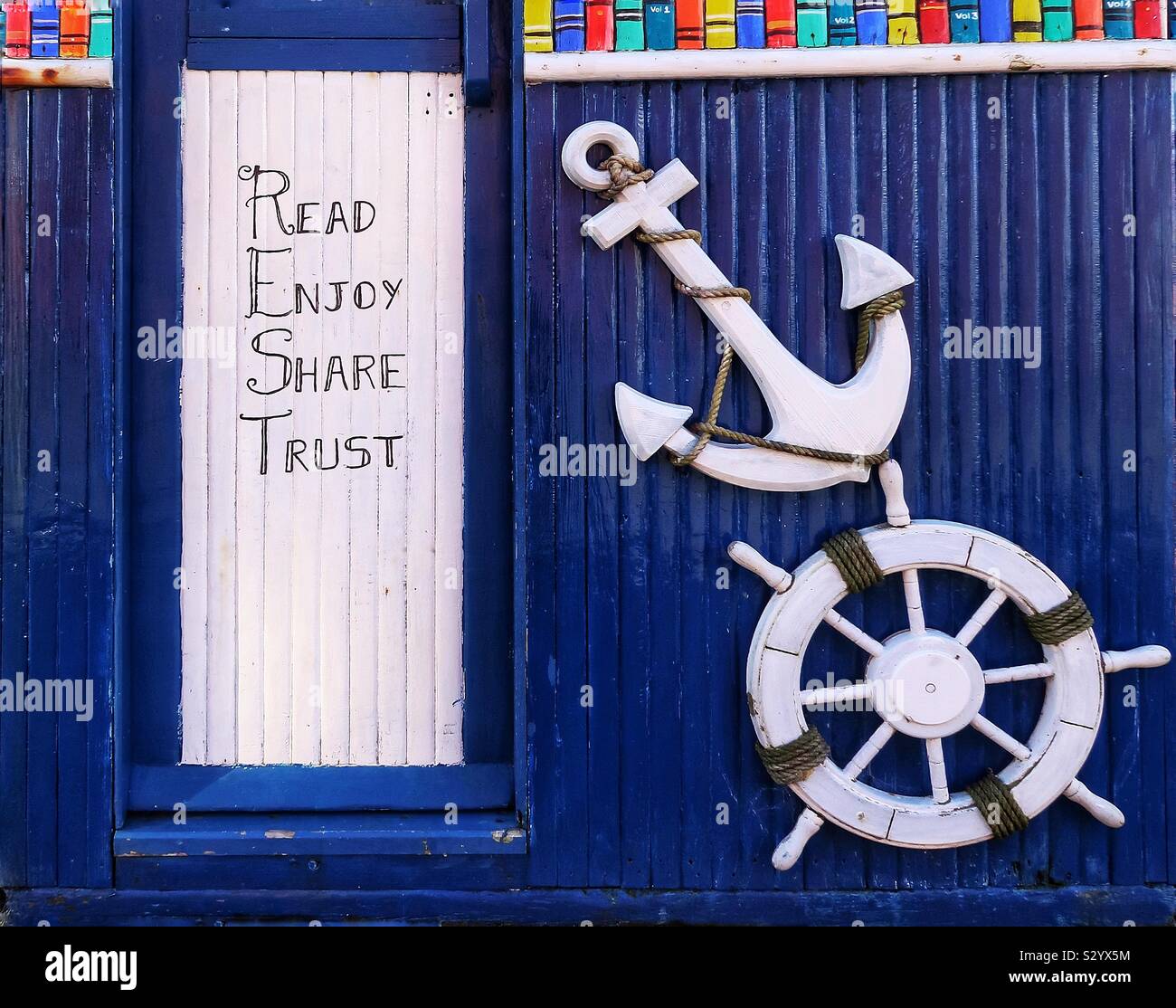 Entrance to a bookshop near Irvine harbour, Ayrshire, Scotland, UK - Smartphone Captured Stock Image