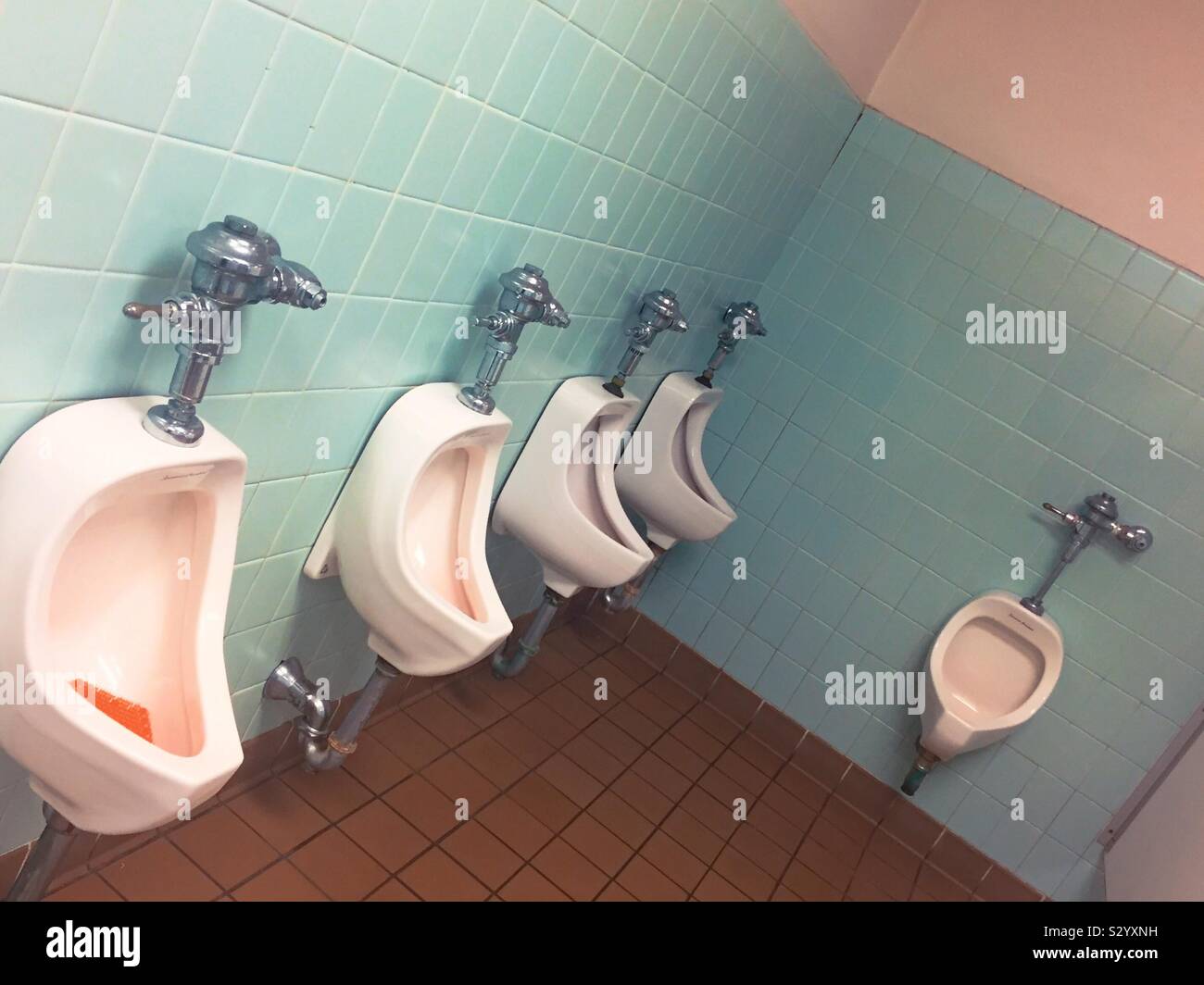 Five urinals in a tiled public men’s room, USA Stock Photo