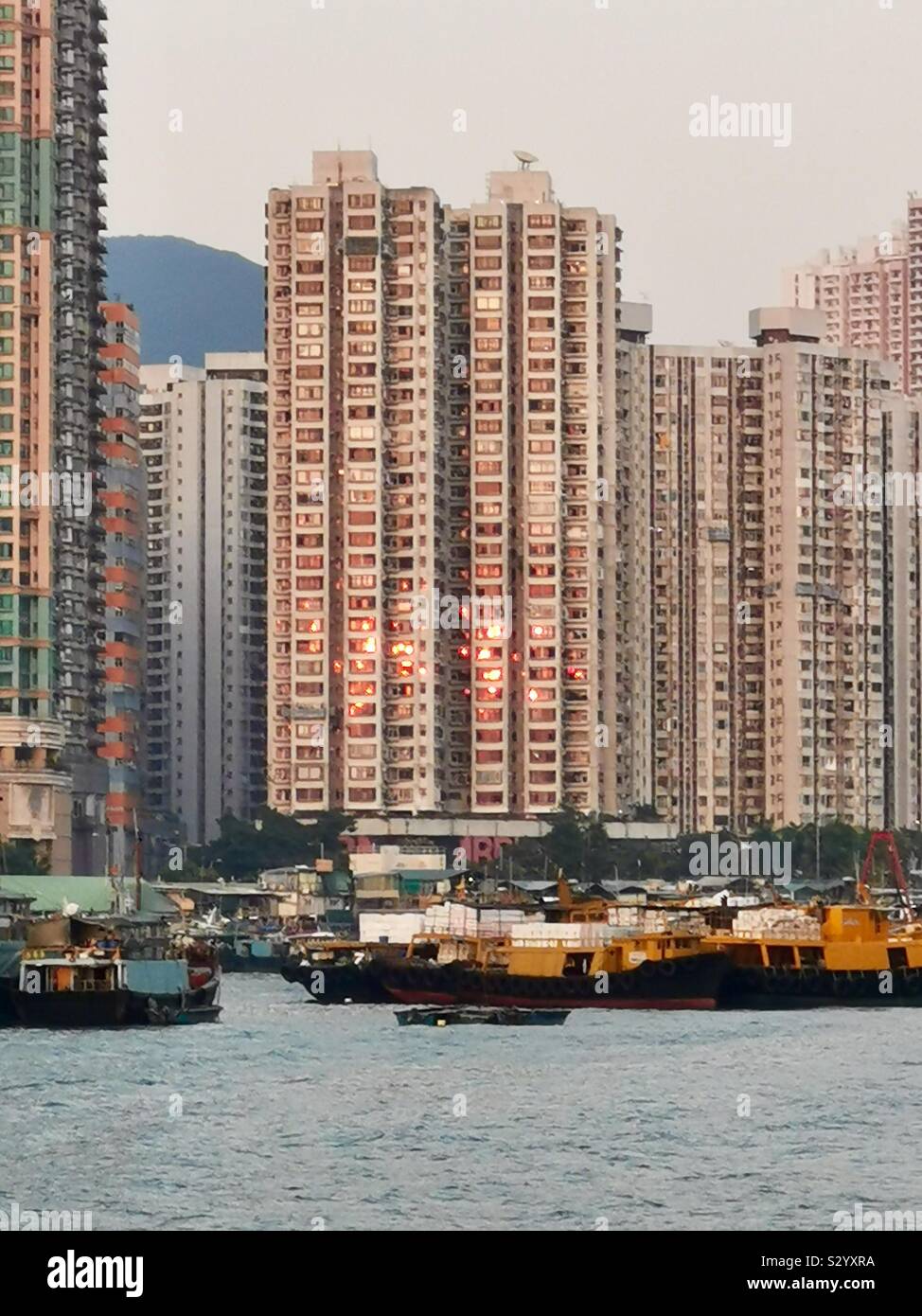 A fire illusion in building in Hong Kong. Stock Photo