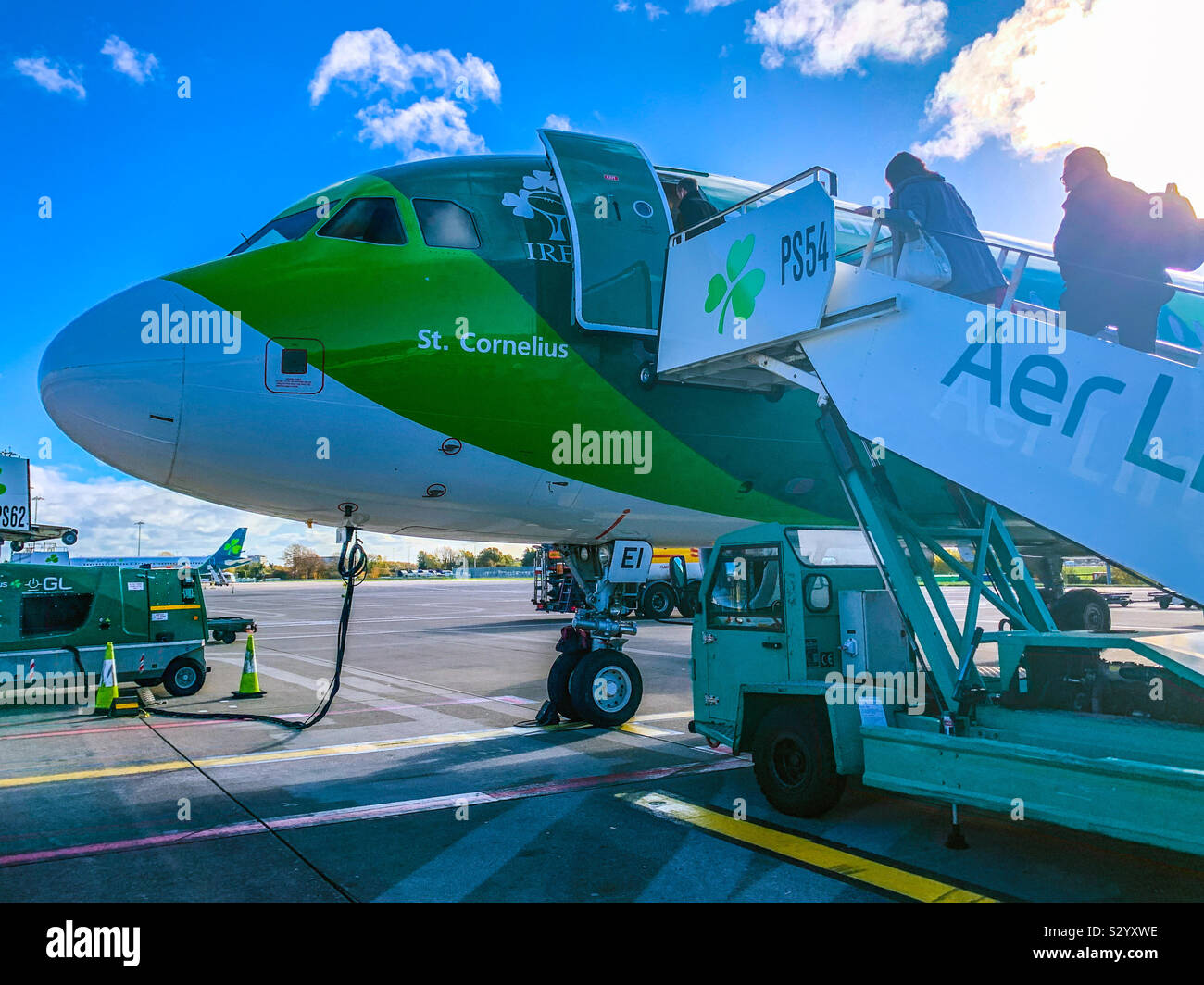 Embarking an Aer Lingus airbus A320-214 with Irish Rugby Team Livery at Dublin airport Stock Photo