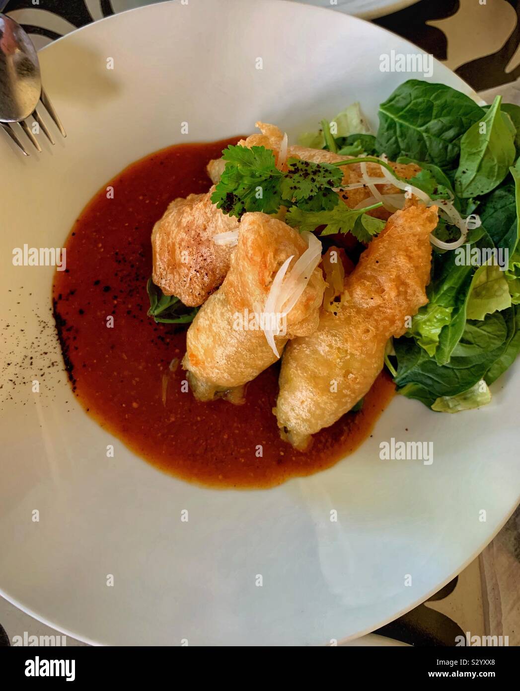 Zucchini blossoms are stuffed with Oaxaca cheese, fried and served over a mole sauce at Apoala in Mérida, Mexico for a delicious appetizer. Stock Photo