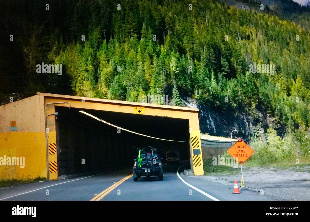 Snow shed on the trans Canada highway near Roger’s Pass, British Columbia, Canada Stock Photo