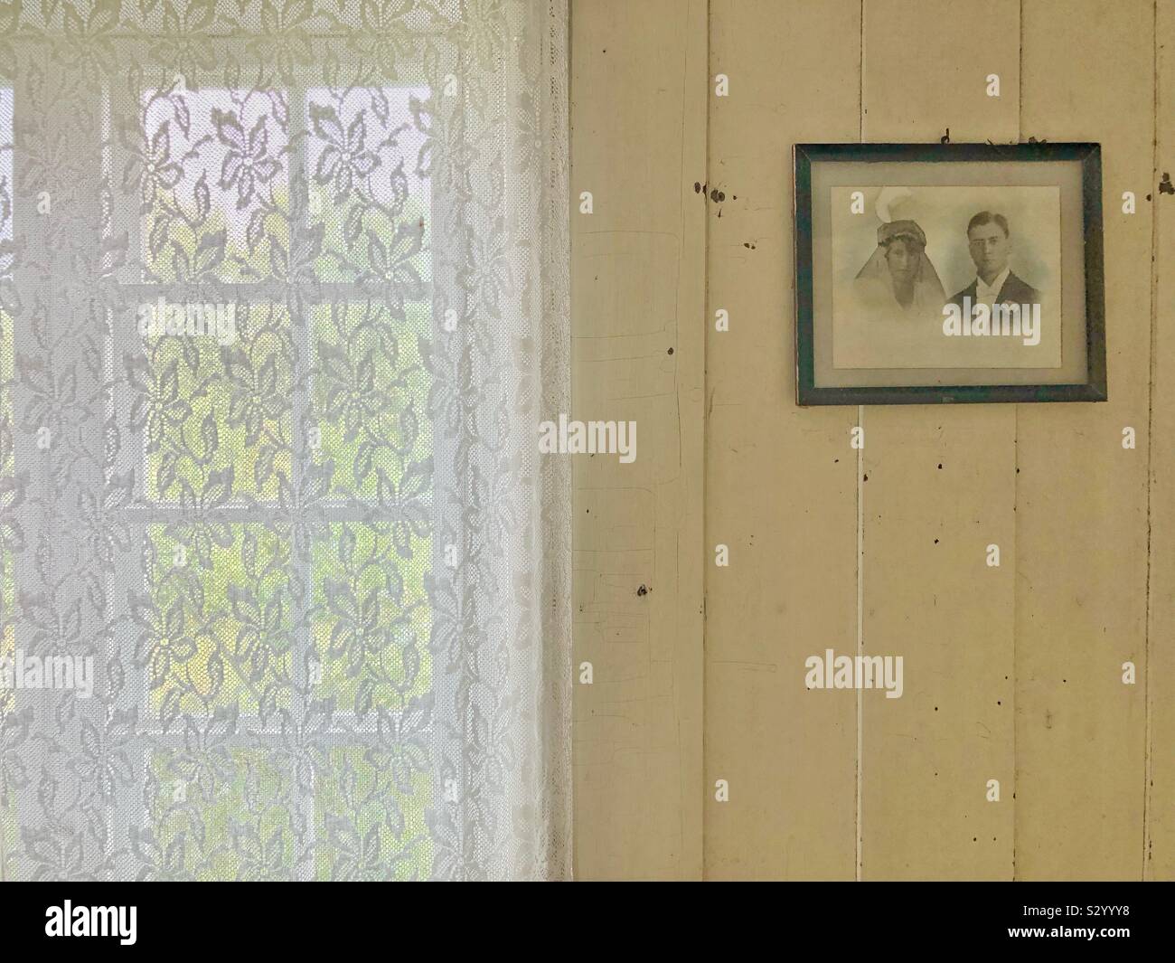 Interior wood panelled wall with framed portraits photo and backlit window with see through patterned curtains in old abandoned farmhouse. - Smartphone Captured Stock Image Interior wood panelled wall with framed portraits photo and backlit window with see through patterned curtains in old abandoned farmhouse. - Smartphone Captured Stock Image