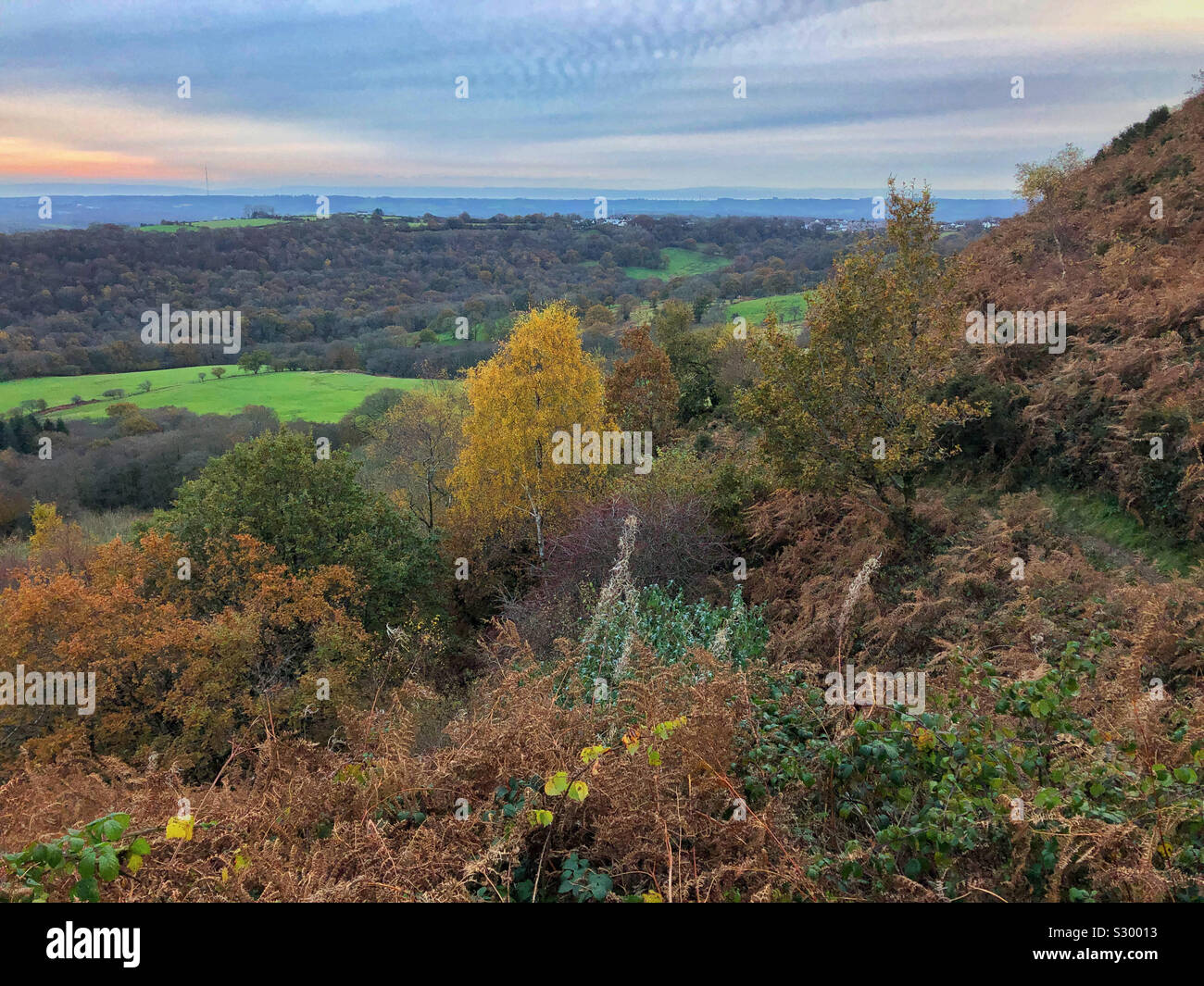 Autumnal view from the foot of the Garth mountain at sunset, November. Stock Photo