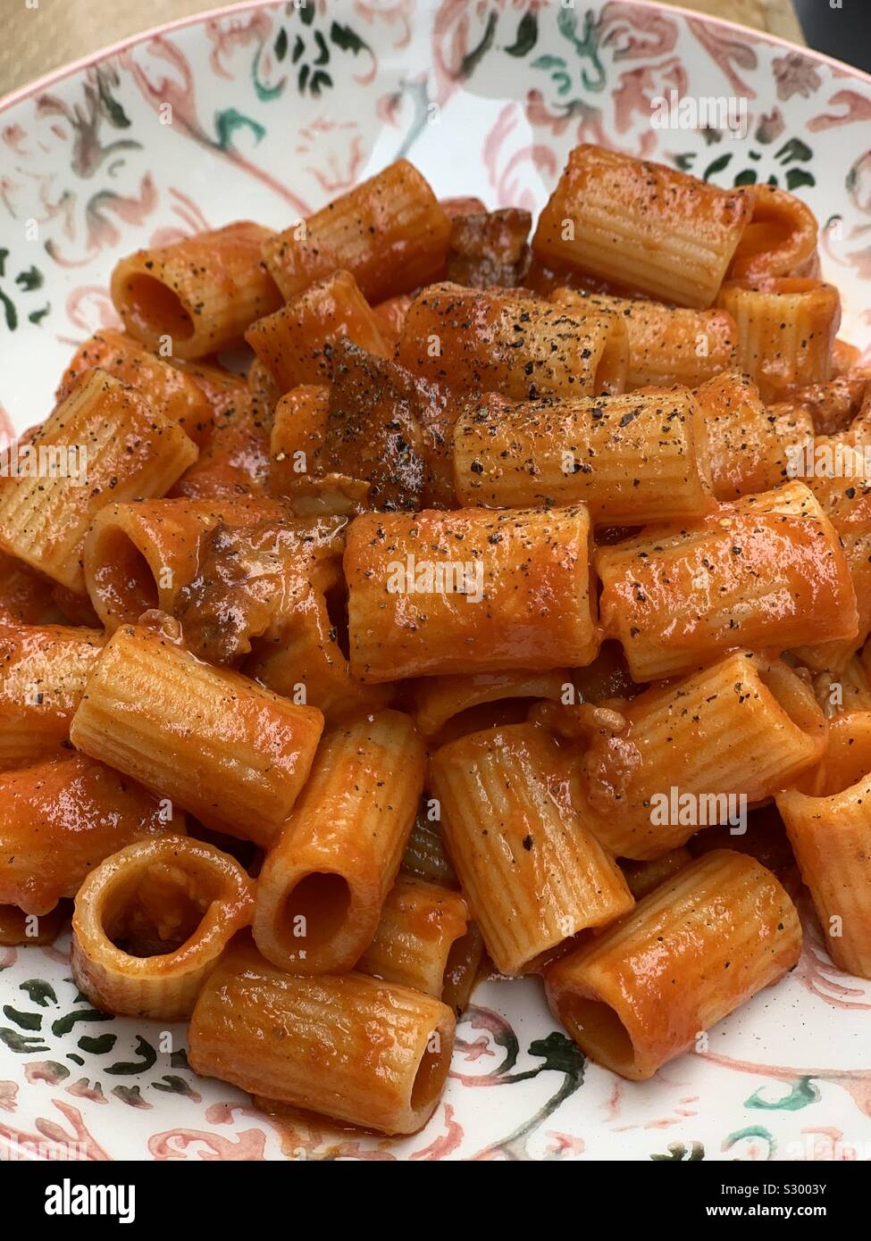 Mezze maniche all’amatriciana, typical dish from the town of Amatrice, Lazio region, Italy Stock Photo