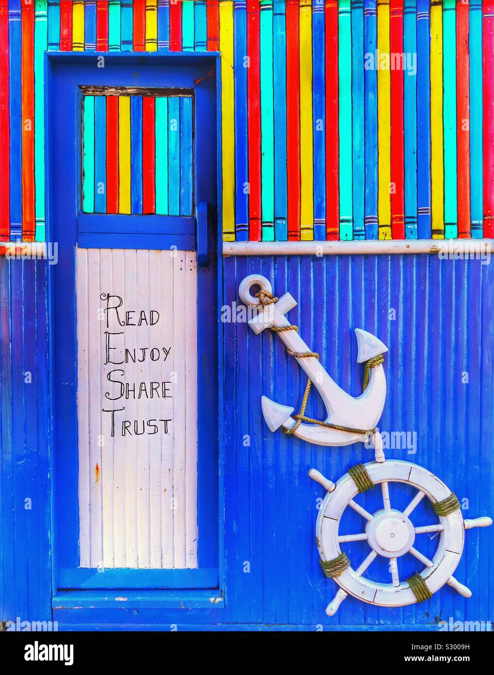 Entrance to a bookshop near Irvine harbour, Ayrshire, Scotland, UK - Smartphone Captured Stock Image