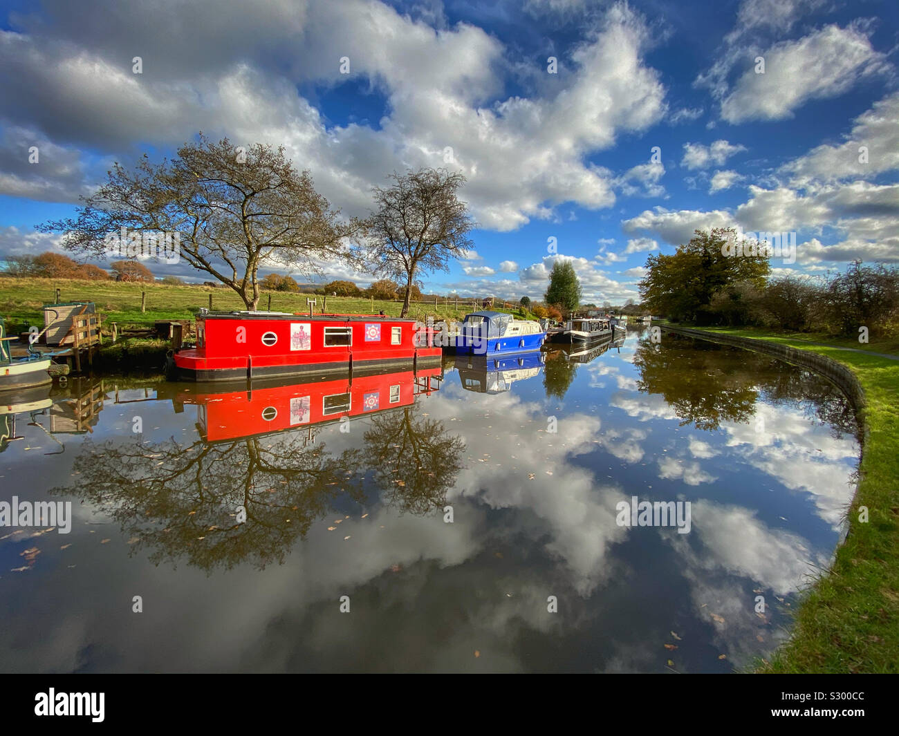 Narrow boats  moored on Leeds and Liverpool canal at Adlington in Lancashire - Smartphone Captured Stock Image