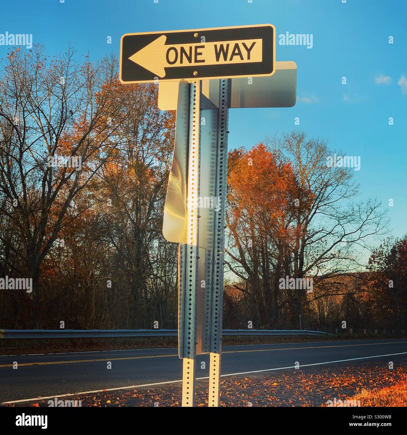 “One Way” sign by the road in autumn, New England, United States - Smartphone Captured Stock Image