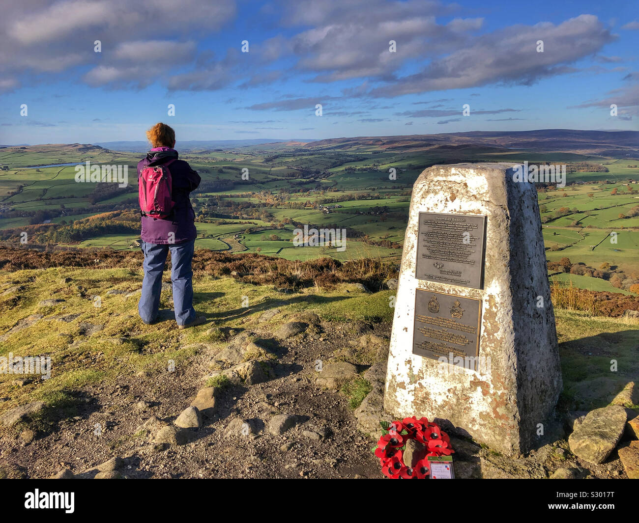Woman enjoying the view from Beamsley Beacon North Yorkshire Stock Photo