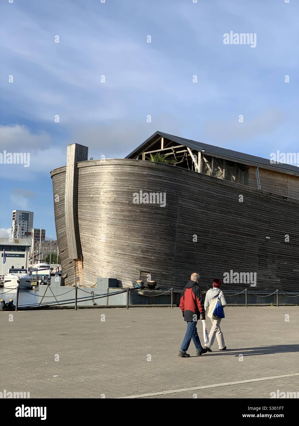 Ipswich, Suffolk, UK - 13 November 2019: Replica Noah’s Ark docked at Neptune Marina. - Smartphone Captured Stock Image