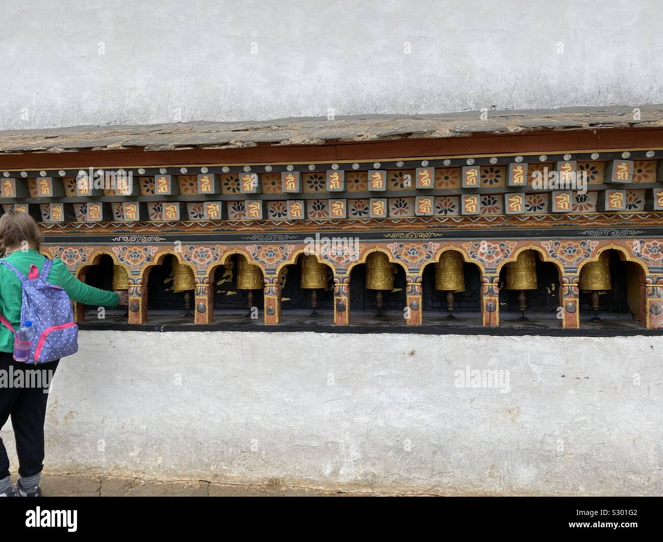 Prayer wheels in Bhutan Stock Photo
