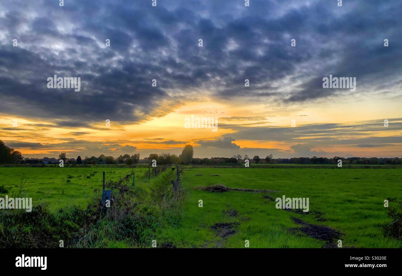 Stormy clouds rolling into a sunset or sunrise Countryside farmfield landscape - Smartphone Captured Stock Image