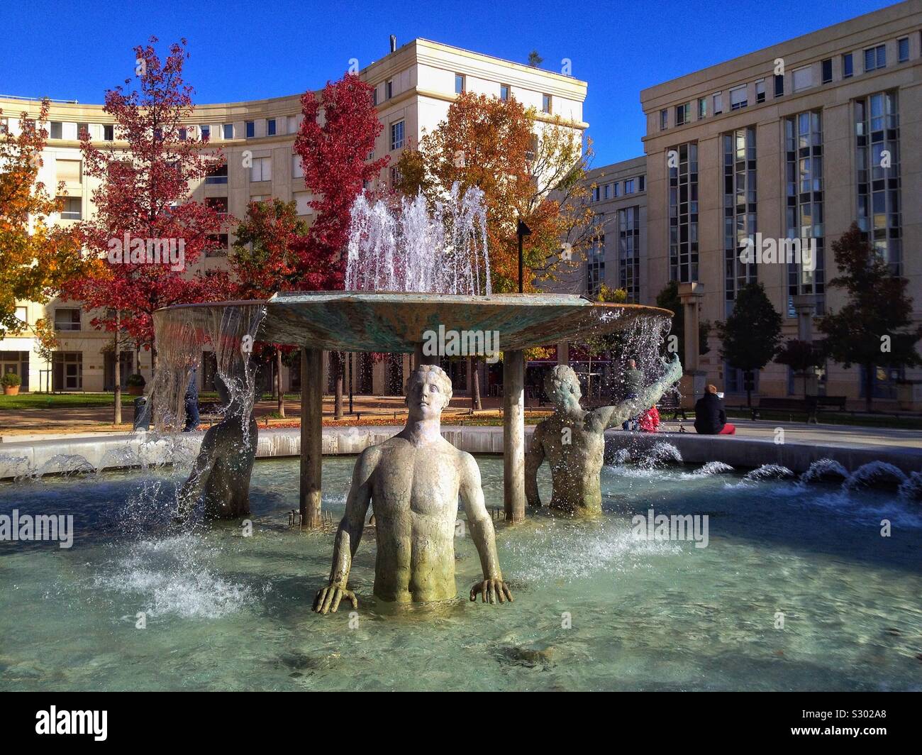 Les Ephebes Fountain in Antigone District, Montpellier France Stock Photo