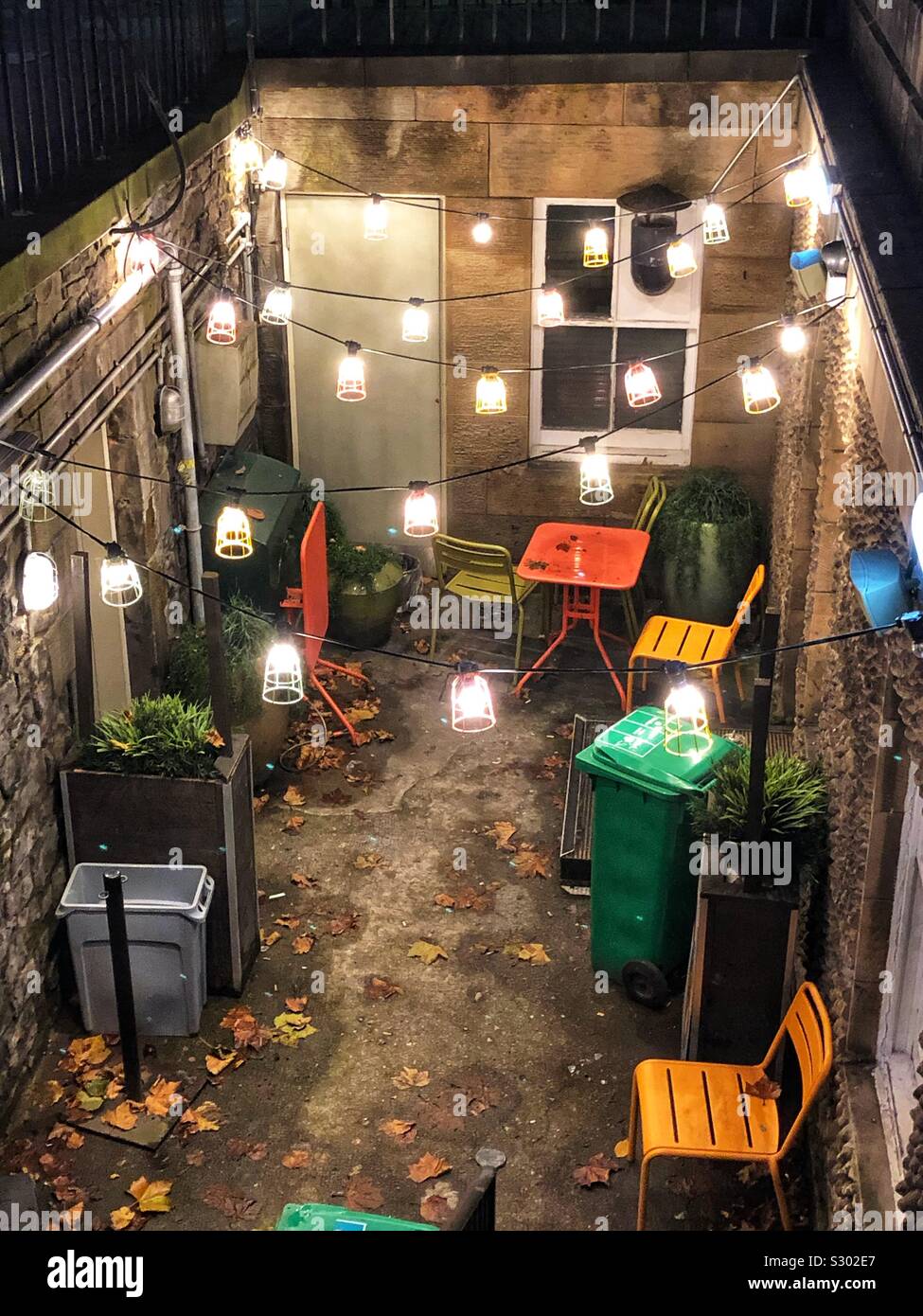 Festive Christmas lights outside basement property - Smartphone Captured Stock Image