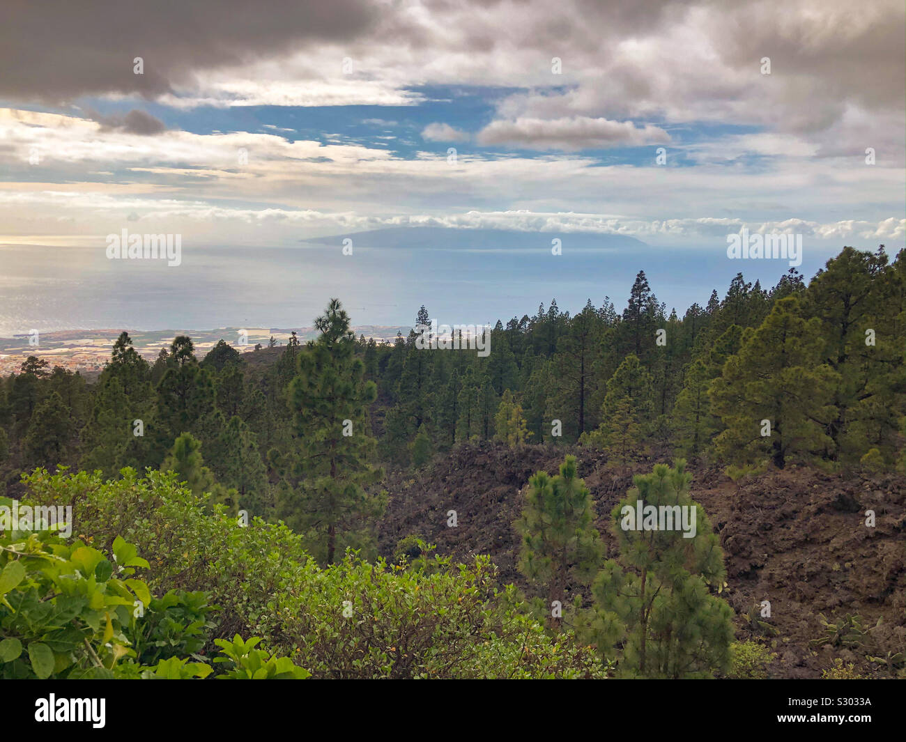 Blick über die Baumwipfel in Guía de Isora auf Teneriffa mit Aussicht auf La Gomera unter dem Wolkenband im Hintergrund Stock Photo