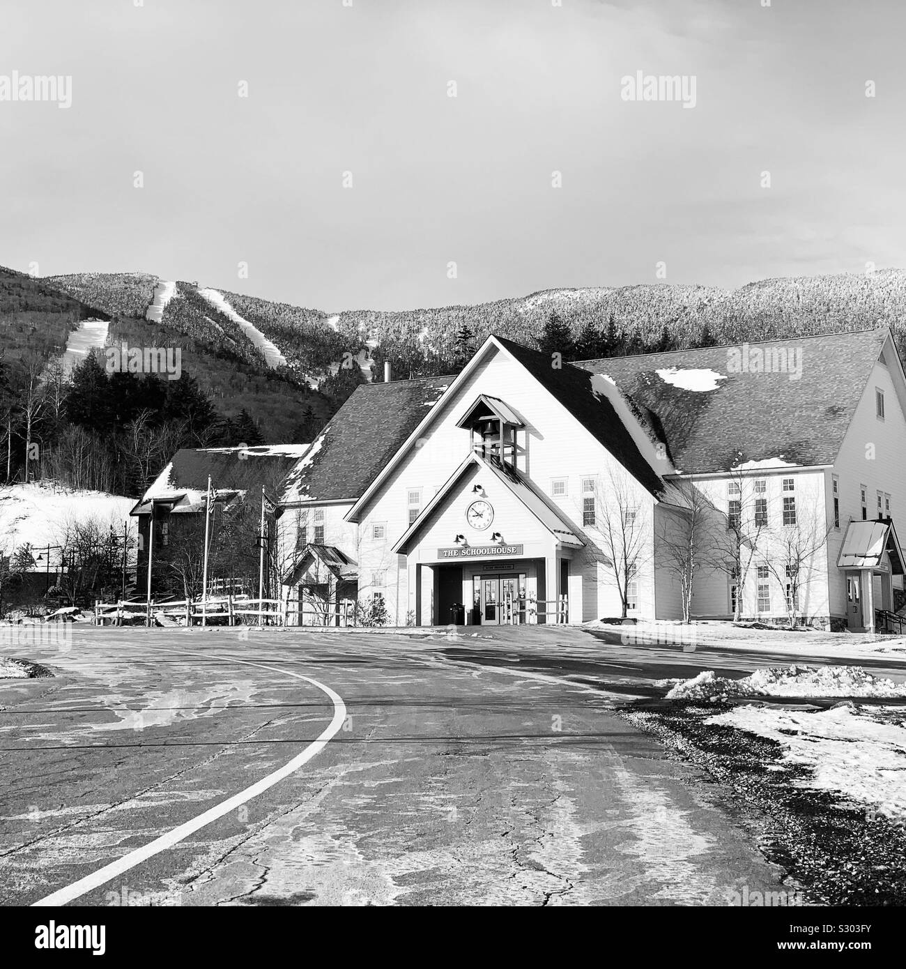 Black and white image of a building at Sugarbush Resort, Warren, Vermont, United States - Smartphone Captured Stock Image