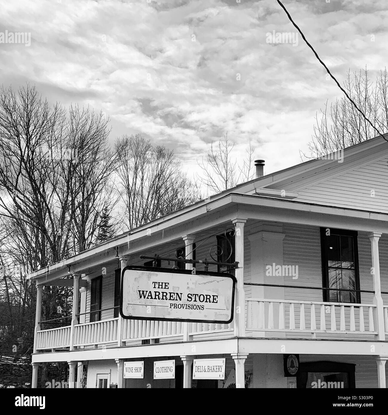 Black and white image of the Warren Store, Warren, Vermont, United States - Smartphone Captured Stock Image