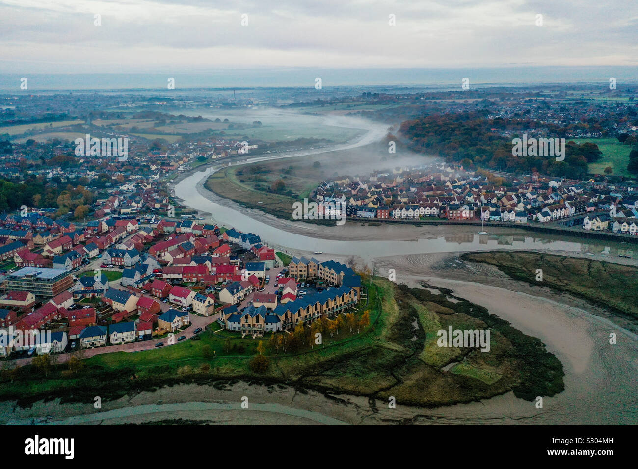 Aerial photo of Rowhedge and Wivenhoe in Essex at sunrise - Smartphone Captured Stock Image