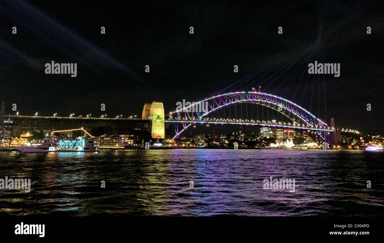 Sydney Harbour Bridge during Vivid - Smartphone Captured Stock Image