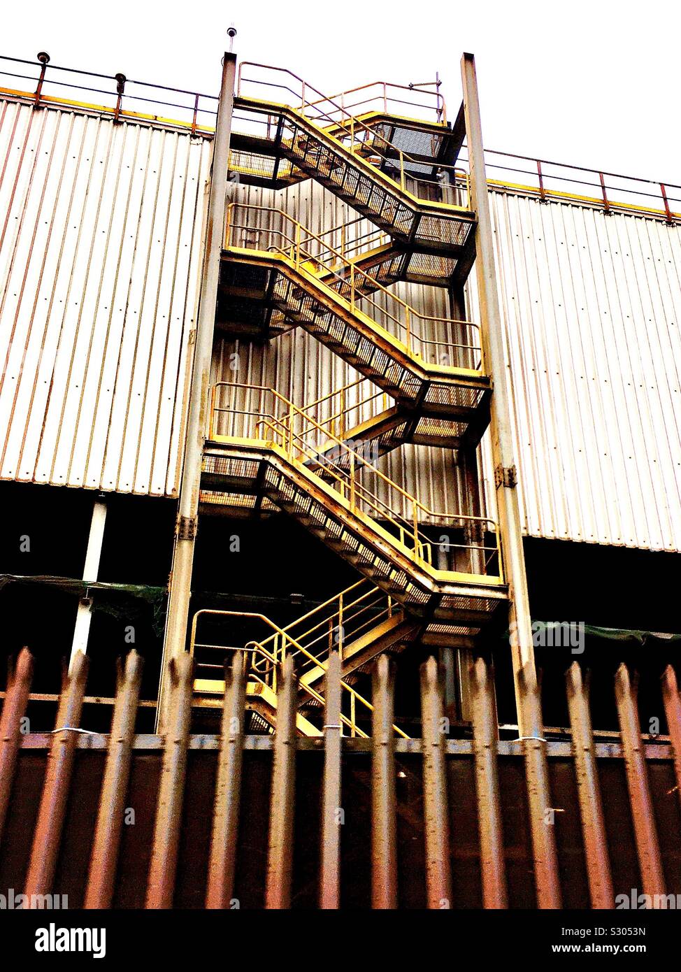 Stairs on the outside of an industrial building in Cardiff, UK Stock