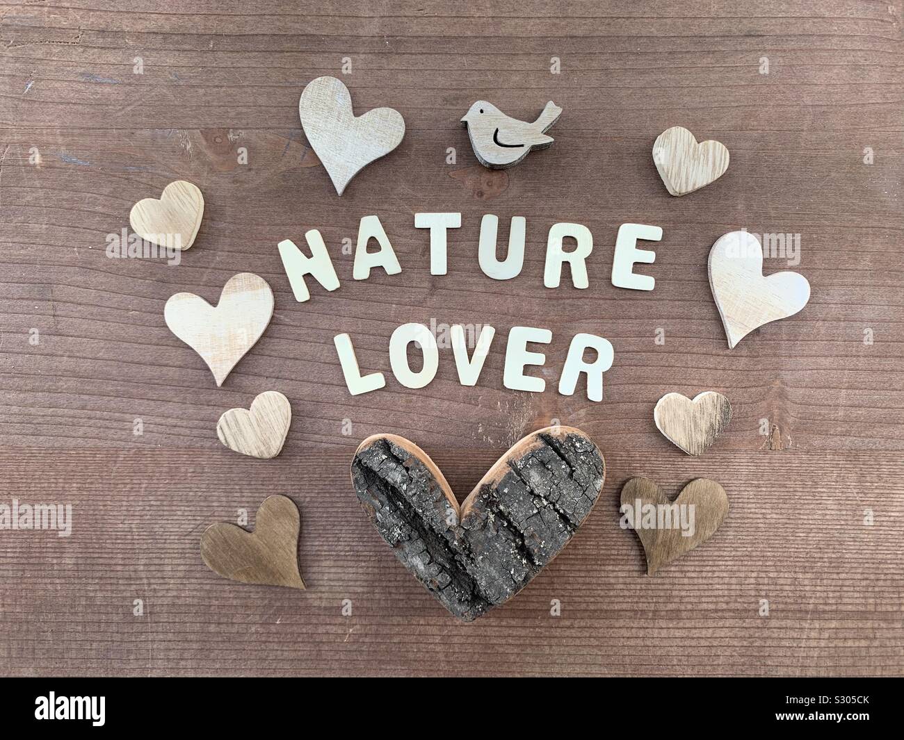 Nature lover text composed with wooden letters and hearts on a wooden board Stock Photo