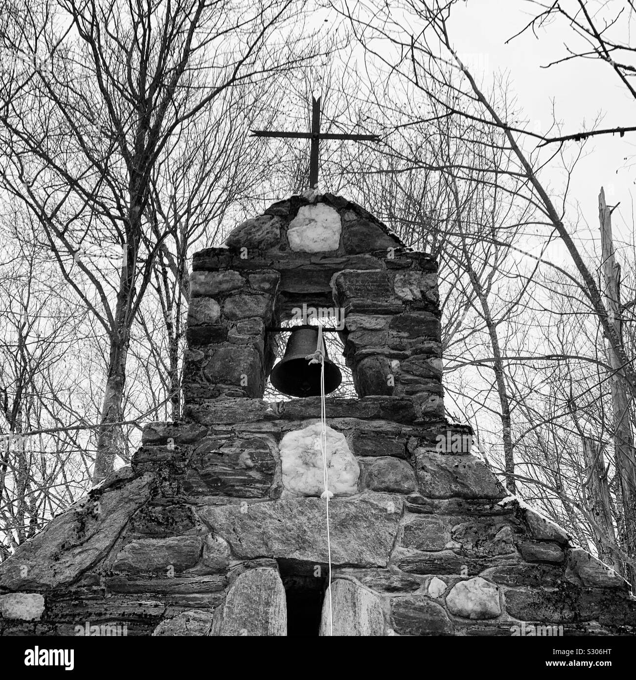 Black and white detail of the chapel on the grounds of the Trapp Family Lodge, Stowe, Vermont, United States - Smartphone Captured Stock Image
