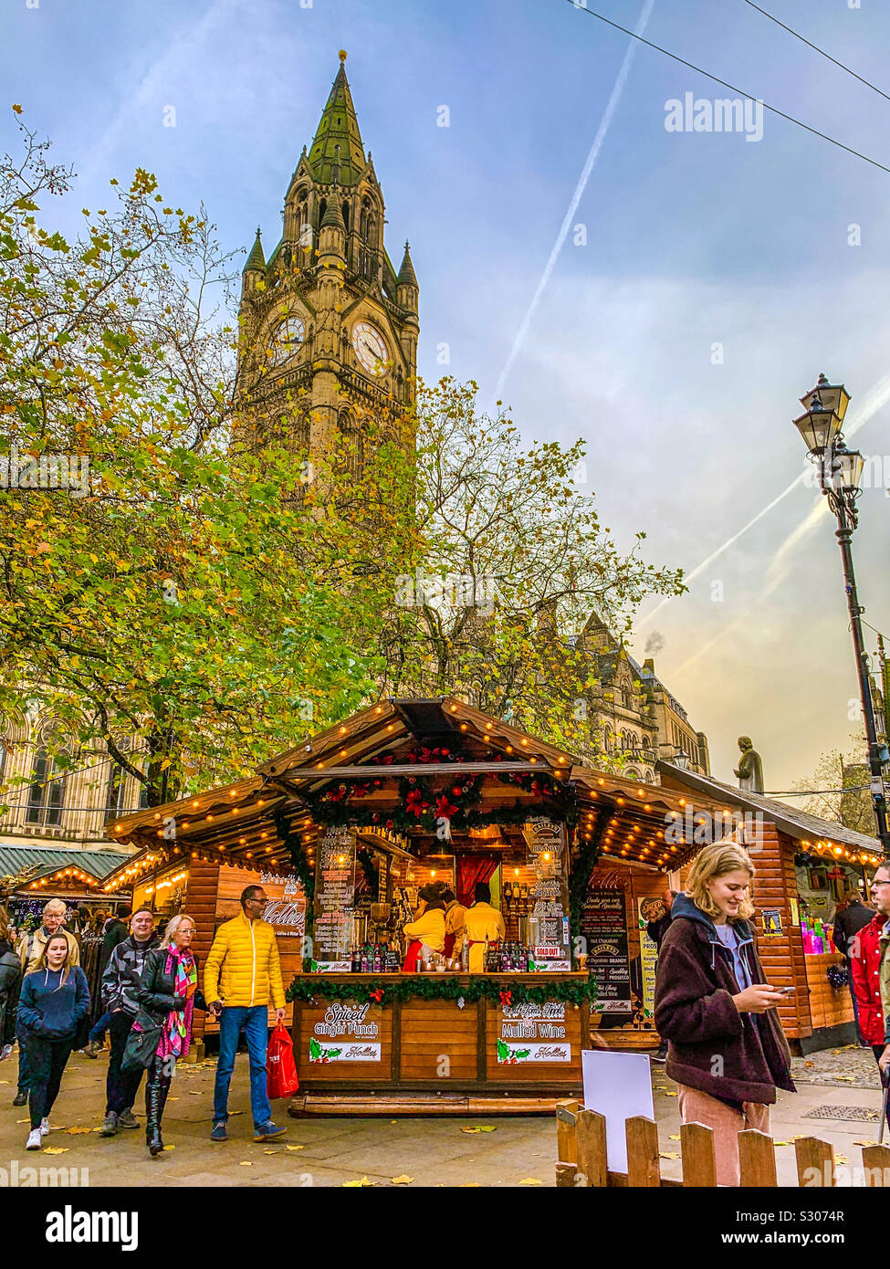 Manchester Christmas market on Albert Square with town hall in view - Smartphone Captured Stock Image